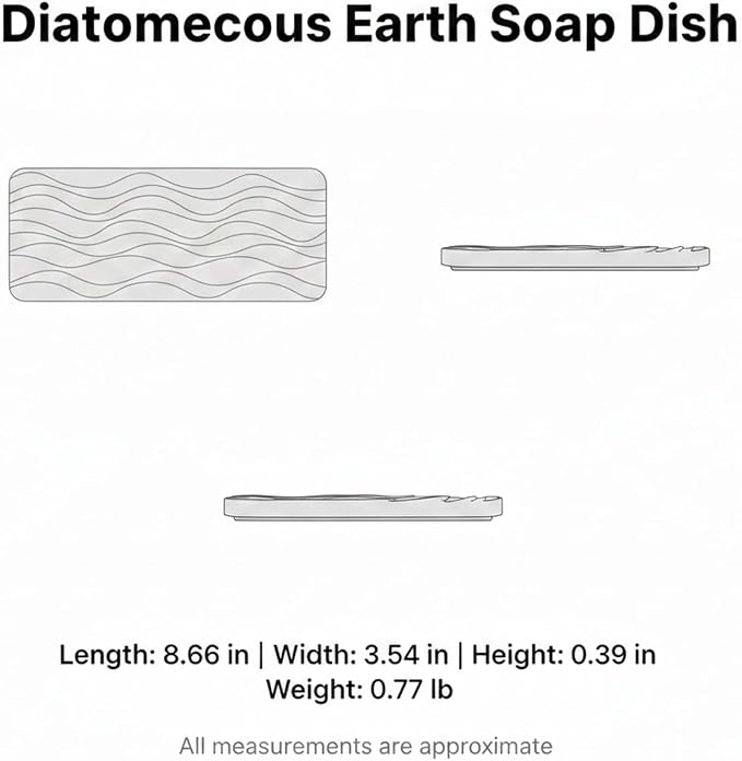 Diatomaceous Earth Soap Dish, Rectangular Stone Bar Soap Holder for Bathroom Sink & Shower, Absorbent Tray (8.7 x 3.5 Inch)