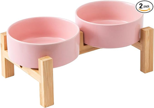 Elevated Ceramic Dog Bowl Set - Raised Dog Bowls with Non Slip Bamboo Stand, Food and Water Bowl Set for Kitty, Cats and Toy Breed Dogs, Pet Bowls, Weighted Dogs Dishes (5.1'', 2*16OZ, Pink)