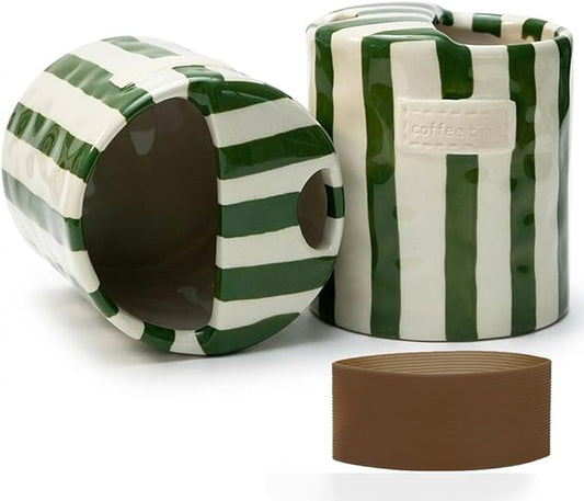 Ceramic Coffee Mug with Lid, Ceramic Travel Mug with Straw Hole, 12oz Retro Striped To Go Coffee Mug for Hot & Cold Drinks, Microwave & Dishwasher Safe，Green
