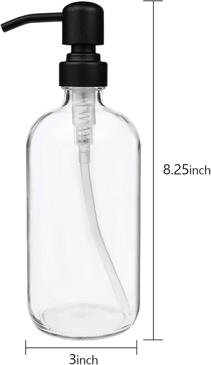 4 Pack Glass Soap Dispenser with Matte Black Stainless Steel Pump, 16 Oz Clear Boston Round Bottles Bathroom Kitchen Soap Dispenser for Essential Oil, Dish Soap, Hand Soap, Lotion Soap