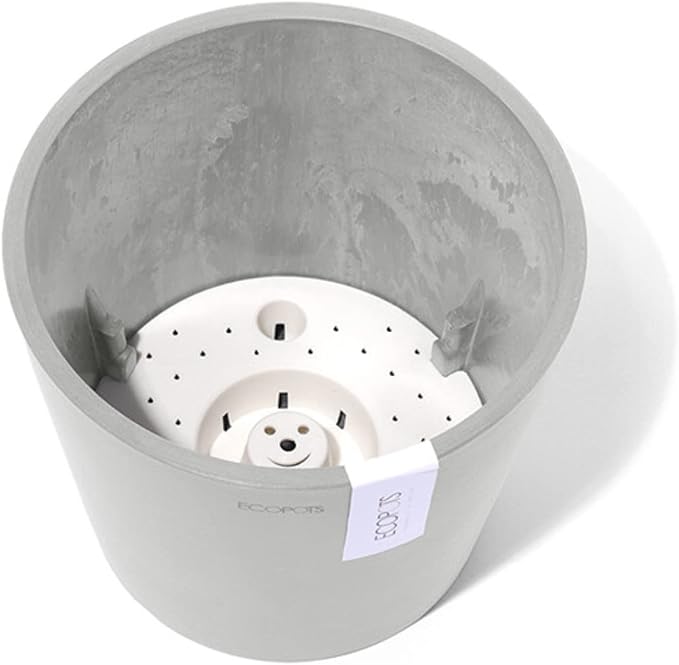 Ecopots Amsterdam Durable Modern Round Indoor/Outdoor Recycled-Based Composite Flower Pot Planter w/Water Reservoir, White Grey, 8"