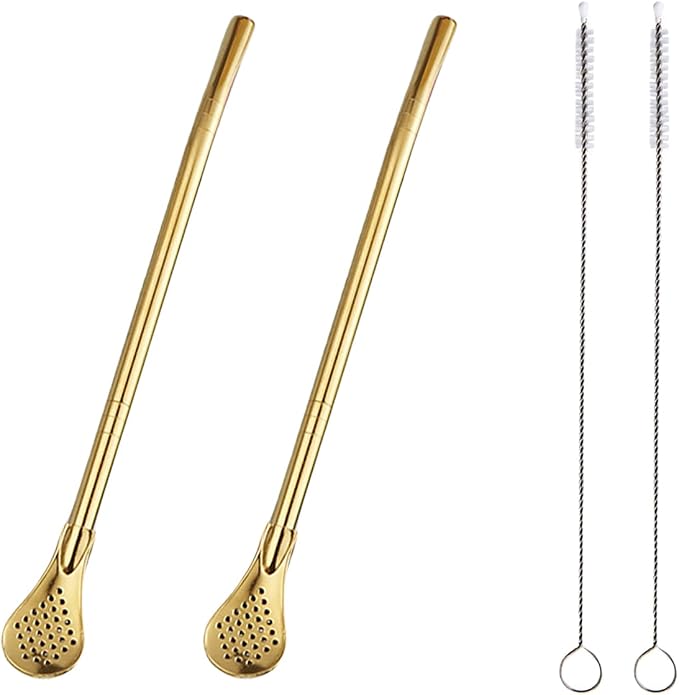 2 Pieces Stainless Steel Straw Spoon Filter with 2 Cleaning Brush, Reusable Tea Spoon for Loose Tea, Yerba Mate Straw, Metal Drinking Straws, Coffee Stirrers for Drinks Milk Beverage (Gold)