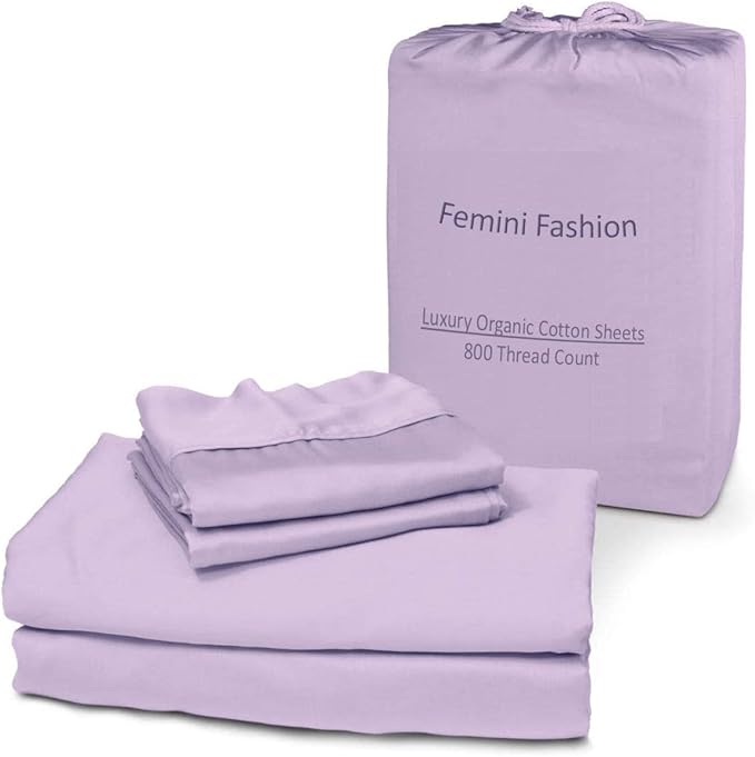 Femini Fashion 100% Organic Cotton Bed Sheets 800-Thread-Count, 16-Inch Deep-Pocket, Luxury Breathable Crisp 4-Piece Bed Sheet Set (1 Flat Sheet, 1 Fitted Sheet, 2 Pillowcases) - King, Lilac