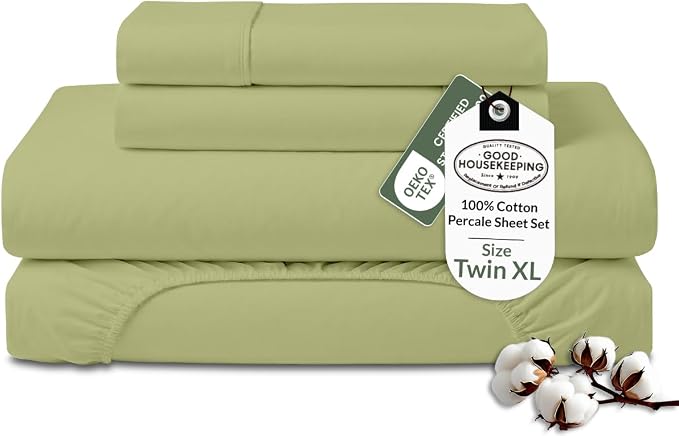 Royale Linens 100% Organic Cotton Twin XL Sheet Set - Percale Weave - 3 Pieces Set - 1 Flat, 1 Deep Pocket Fitted Sheet &1 Pillowcases - Sage Green Bed Sheets -Sábanas Twin XL -Crisp Cool (Sage Green)