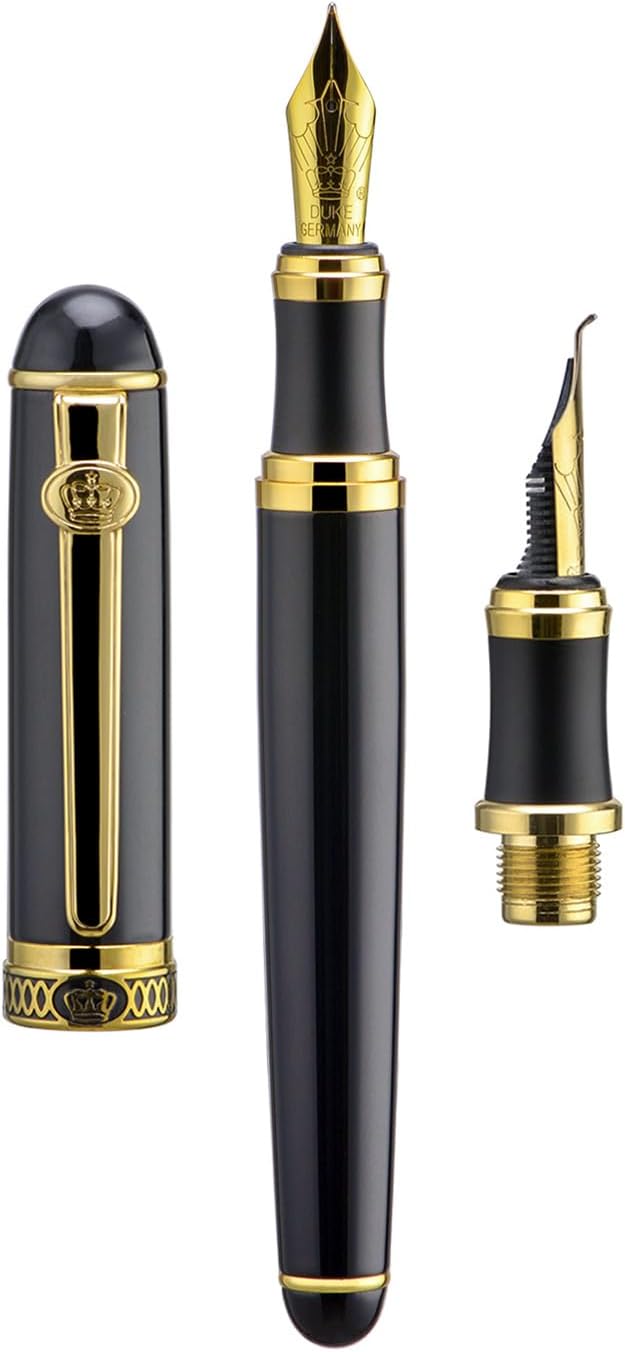 Lanxivi Duke D2 Fountain Pen Black Gold Trim Fine Nib with Additional Fude Nib (Bent Nib) and Converter Calligraphy Art Pen Set