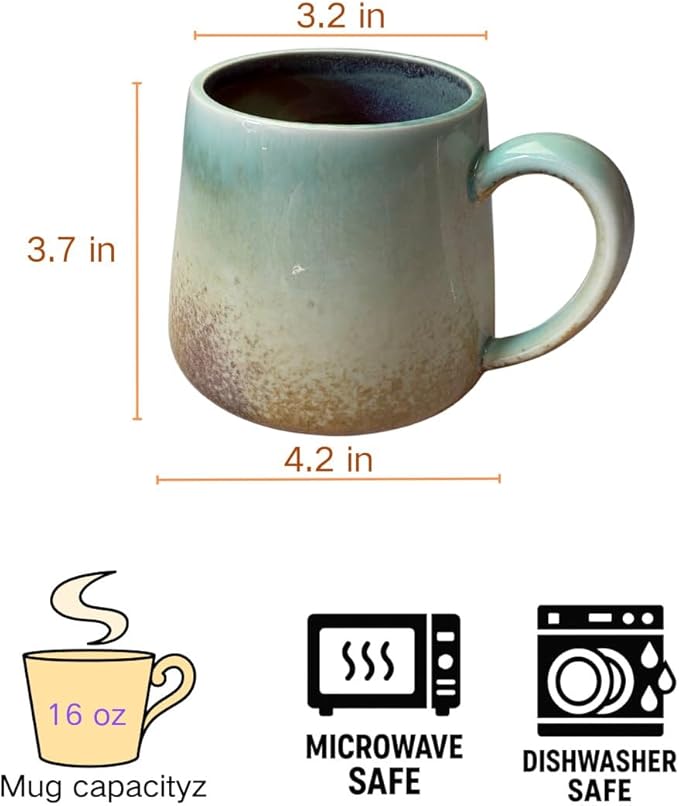 Large Ceramic Coffee Mug 16 oz - Microwave & Dishwasher Safe, Handcrafted Artisan Pottery Cup with Tapered Design for Stability & Heat Retention, Gift for Mom (Reactive Glaze Multicolor)