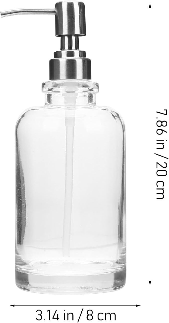 Luxshiny Glass Soap Dispenser 18Oz (500Ml) with 304 Stainless Steel Pump and Label Sticker, Manual Hand Soap Dispenser Set for Kitchen and Bathroom Countertop Use