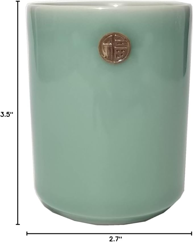 Handmade Celadon Chinese Teacup Flat Cup 6oz Coffee Mug Ceramic Milk Cup Engraved FU Porcelain Drinkware Glaze Pottery