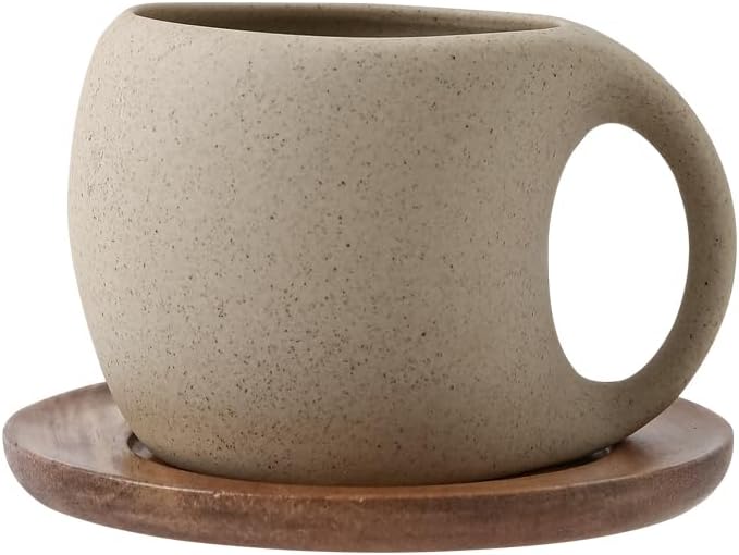6 Oz Coffee Cup Mug Espresso Cups Set, Ceramic Cup with Natural Acacia Wood Saucer for Espresso, Latte, Cappuccino Coffee, Tea, Unglazed Porcelain Arty Mug (Natural Earthiness Finish)