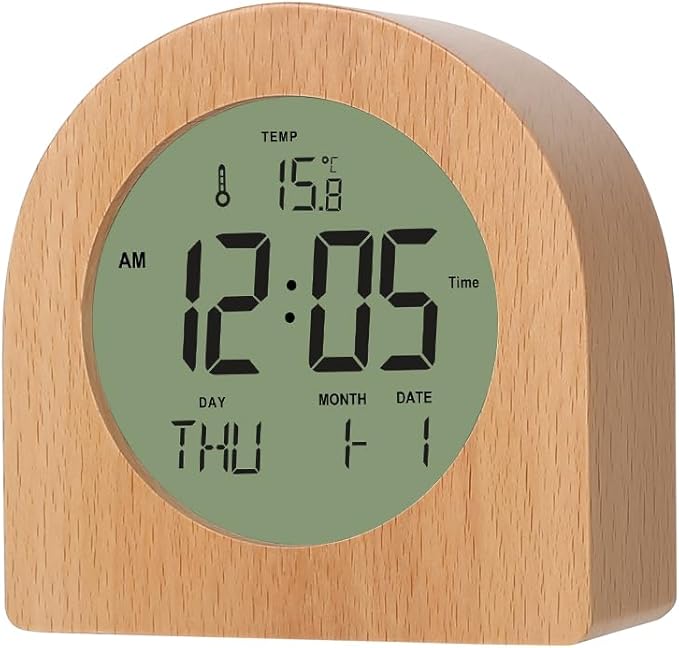 Wooden Alarm Clock for bedrooms，Battery Operated with Snooze Function and Backlight,LCD time,Date,Temperature Display, C/F Switch,12/24hour,Round Simple Design,eco-Friendly