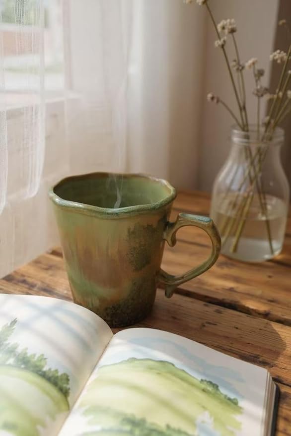 Large Ceramic Coffee Mug 16 oz - Microwave & Dishwasher Safe, Handcrafted Artisan Pottery Cup with Tapered Design for Stability & Heat Retention, Gift for Mom (Reactive Olive Green)