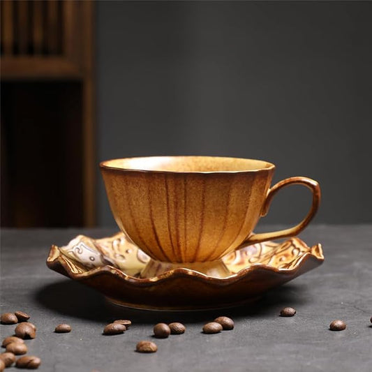 Rustic Kiln Glaze Textured Ceramic Coffee Mug with Saucer, Vintage Wabi Sabi Latte Tea Cup Multiple Styles, set of 1 (MIXED07)