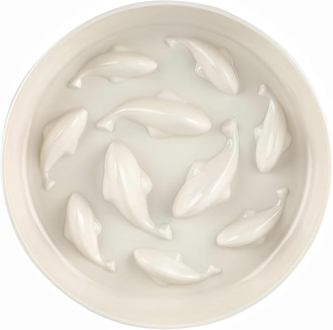 Slow Feeder Bowl for Cats and Small Dogs,Cilkus Fish Pool Design, Fun Interactive Bloat Stop Puzzle Feeder Bowl Healthy Eating Diet Made of Melamine Food Grade Material (White(Melamine))