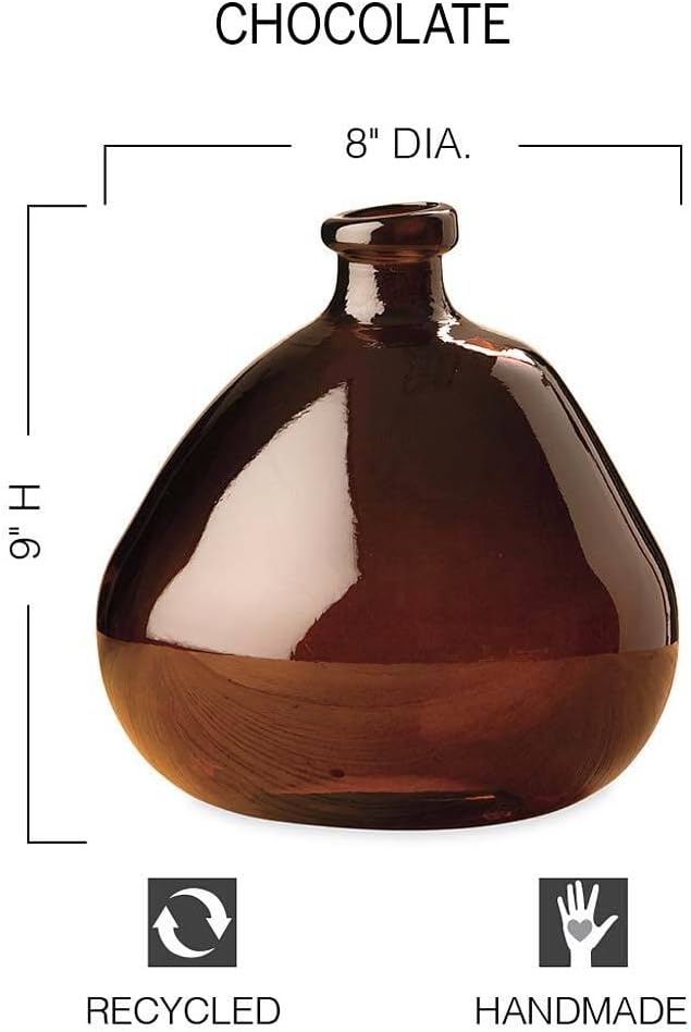 VivaTerra Recycled Round Glass Balloon Vase – Handblown Glass Vases for Centerpieces – Unique Organic Shape in a Delicate Chocolate Color – Sustainable and Unique Home Decor (9" H x 8" Dia.)