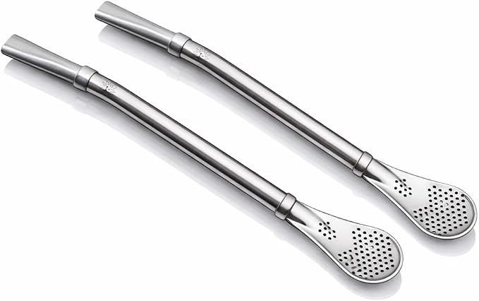 CAFECITO Yerba Mate Bombilla Straws – Set of 2 | 304 Stainless Steel Gourd Drinking Filter Straw | Spoon Style with Built-In Strainer | 7.5 Inch Long | Sun of May Inspired Design
