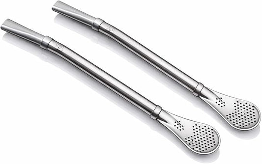 CAFECITO Yerba Mate Bombilla Straws – Set of 2 | 304 Stainless Steel Gourd Drinking Filter Straw | Spoon Style with Built-In Strainer | 7.5 Inch Long | Sun of May Inspired Design