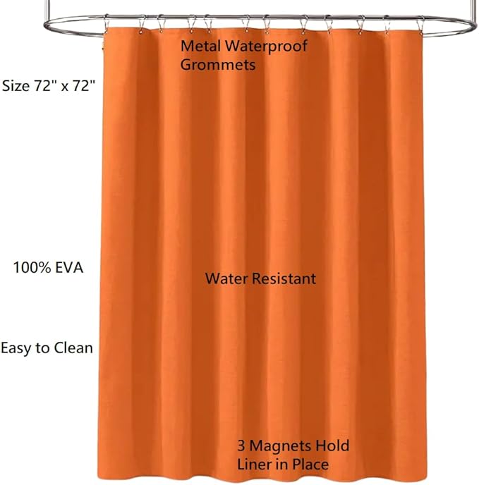 Dependable Industries inc. Essentials Premium 6 Gauge EVA Shower Curtain Liner - PVC Free Magnetized Bottom Odorless with Rustproof Grommets (Orange)