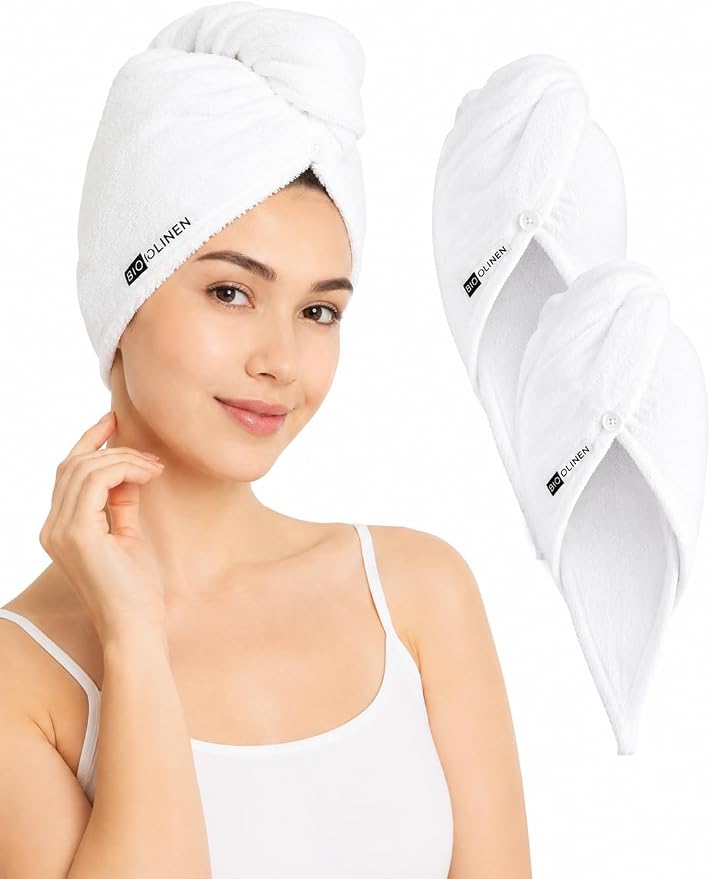 BIOLINEN Cotton Hair Towel Wrap for Women 3 Pack, Super Absorbent Quick Dry Hair Turban, Anti Frizz Drying Towel for Curly Long Hair, White 10x25