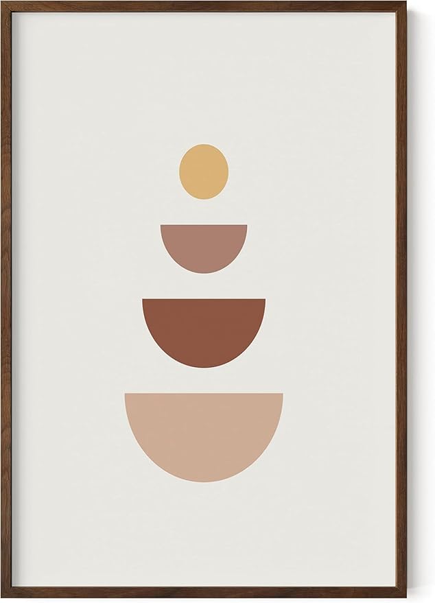 Minimalist Geometric Wall Art Stacked Semi-Circle Shapes Earth Tones Terracotta Brown Mid Century Modern 24x36 Inch Oak Wood Walnut Framed Abstract Print for Office