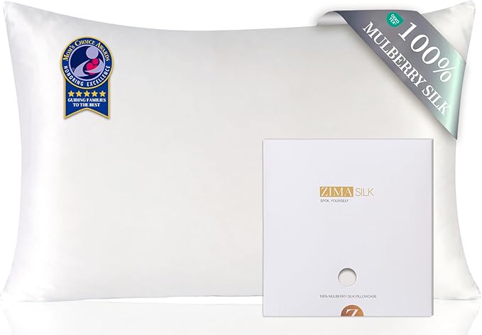 ZIMASILK 100% Pure Mulberry Silk Pillowcase for Hair and Skin Health,Soft and Smooth,Both Sides Premium Grade 6A Silk,600 Thread Count,with Hidden Zipper,1pc(Standard 20''x26'',White)