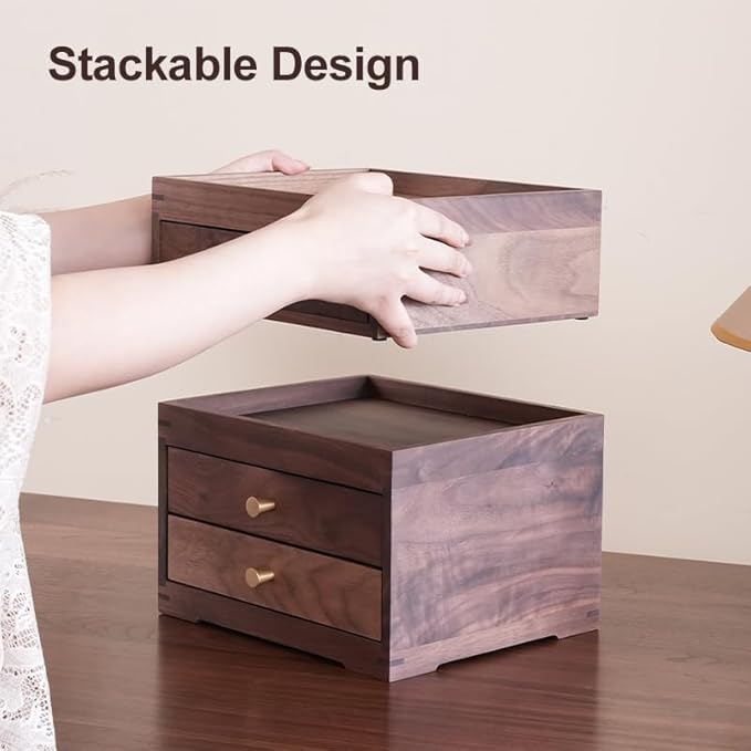 Solid Walnut Wood Desk Drawer Organizer – 1/2 Tier Desktop Storage Box with Drawers for Stationery, Makeup, Jewelry, Remote Control (Single)