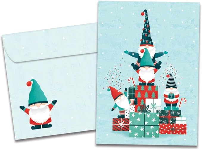Tree-Free Greetings - Happy Holidays Greeting Cards - Artful Designs - 12 Cards + Matching Envelopes - Made in USA - 100% Recycled Paper - 5"x7" - Gnomes Piled High (HP60617)