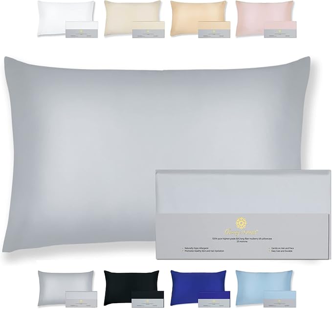 25 Momme Premium Mulberry Silk Pillowcase for Hair and Skin | Handcrafted Hypoallergenic & Anti-Acne Silk Pillow Cases with Zipper Standard - 20" x 26", Silver Lining