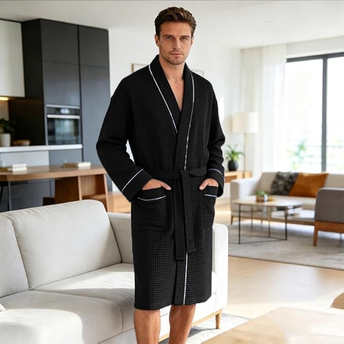 Inner Wish Men's Cotton Waffle Kimono Robe, Lightweight Soft Spa Shower Bathrobe, Hotel Lounge Robes for Men