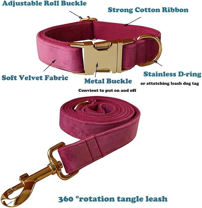 Love Dream Velvet Dog Collar and Leash Set, Soft & Comfy Adjustable Dog Leash and Collar with Heavy Duty Metal Buckle for Small Medium Large Dogs Training & Walking (Large, Rose)