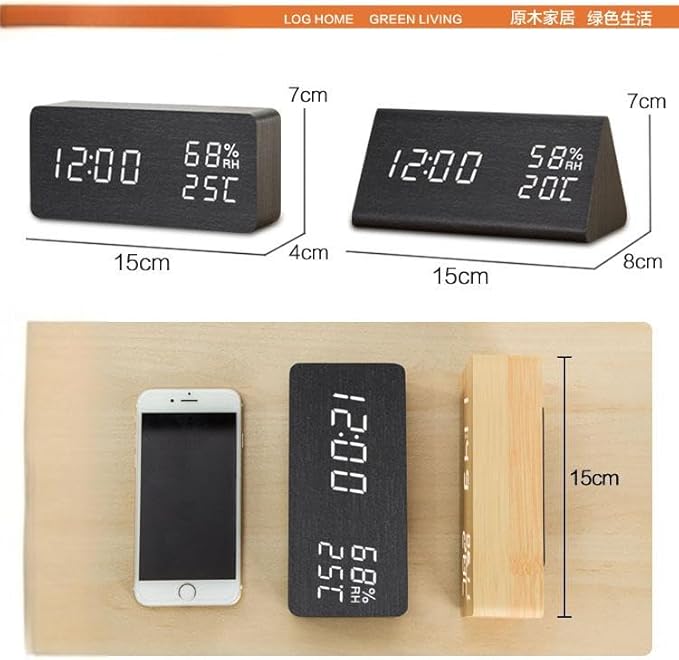 Smart Wooden Desk Clock with Voice Control, Snooze Alarm, and Real-time Environment Monitoring (Bamboo, 15 * 4 * 7cm)