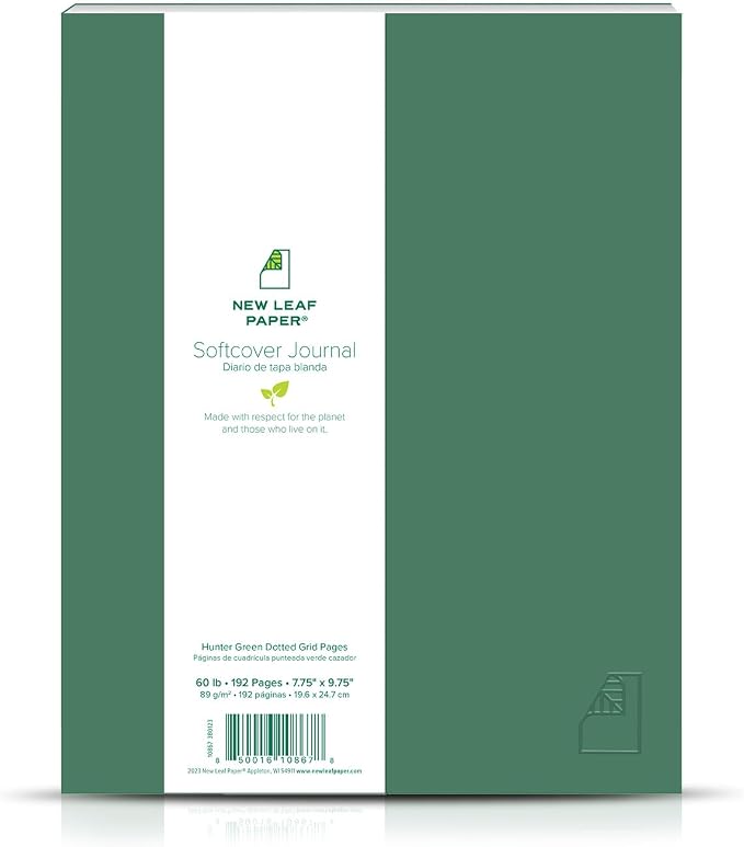 100% Recycled Softcover Dotted Grid Journal, Hunter Green, 9.75" x 7.75", 192 Pages, Embossed, Perfect Bound, FSC Certified, Made in USA