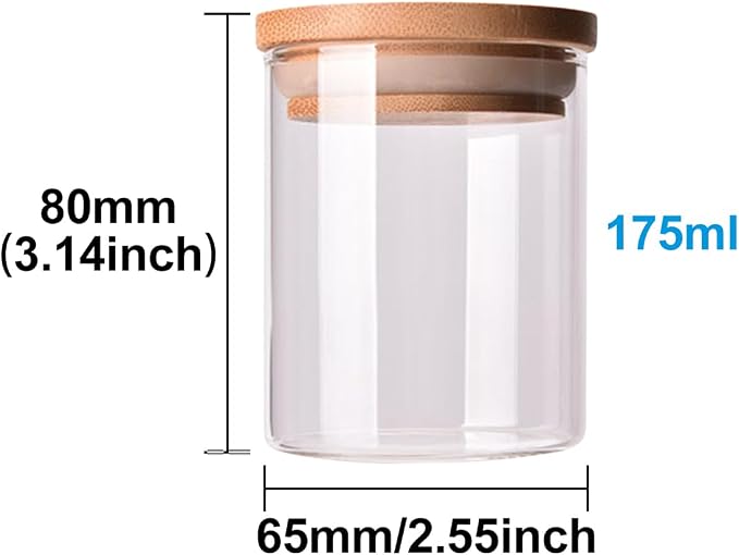 Glass Food Storage Containers with Bamboo Lids Airtight Food Storage Jar Glass Jar Kitchen Canisters for Pasta, Rice, Flour, Sugar(175ml, 65x80mm)