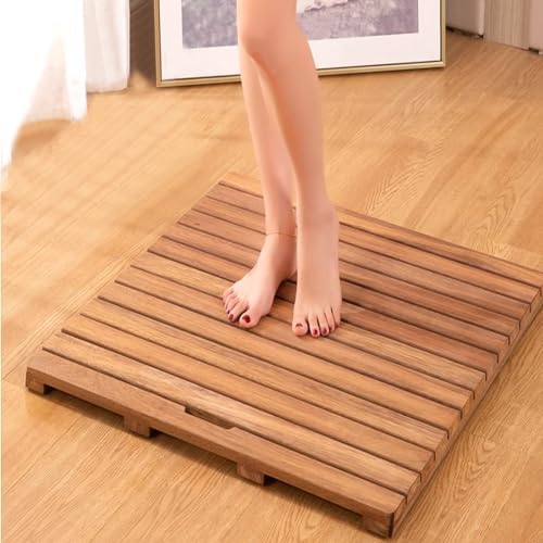 Non-Slip Wood Bath Mat,Bamboo Wooden Bath Mat with Non Slip Feet Waterproof and Natural Wood Duck Board for Bathroom Kitchen Bedroom Toilet 55x70cm/22x28in