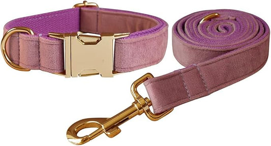 Love Dream Velvet Dog Collar and Leash Set, Soft & Comfy Adjustable Dog Leash and Collar with Heavy Duty Metal Buckle for Small Medium Large Dogs Training & Walking (XLarge, Light Purple)