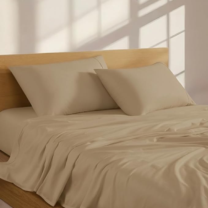 Linen Closet 3 Pc 100% Organic Cotton Twin Sheets Set, Tan, 300 Thread Count, Naturally Derived EarthColors, Deep Pocket Fitted Sheet (Up to 18"), Smooth & Soft Bed Sheets Set, Juego De Sábanas Twin