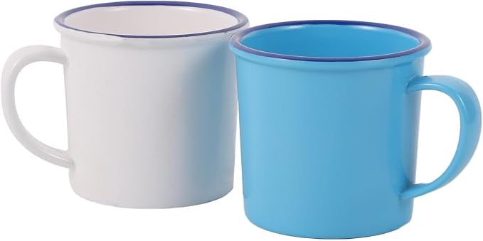 2 Melamine Stacking Mugs with Handles for Coffee & Tea (White/Blue)