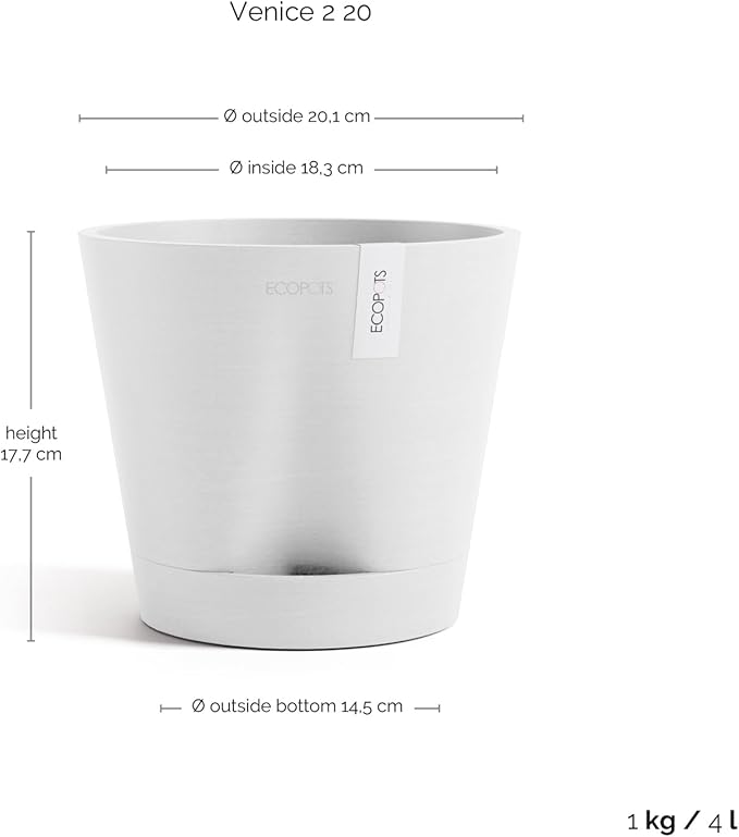 Ecopots Venice 2 Durable Modern Round Indoor/Outdoor Recycled-Based Composite Flower Pot Planter w/Water Reservoir, Pure White, 8"