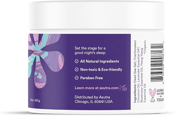 ASUTRA Dead Sea Bath Salts (Bedtime Soak), 16 oz - Soak in Rich & Vital Healing Minerals - Prepare for Sweet Dreams with Lavendar, Rosemary, & Ylang Ylang Essential Oils
