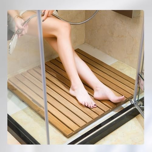 Teak Shower Mat Foldable Luxury Wooden Non-Slip Wood Bath Mat for Bathroom Bathtub Indoor Outdoor,Teak Wood Bath Mat with Non Slip Feet and Handles Solid Bamboo Shower Mat for Bathroom Sauna