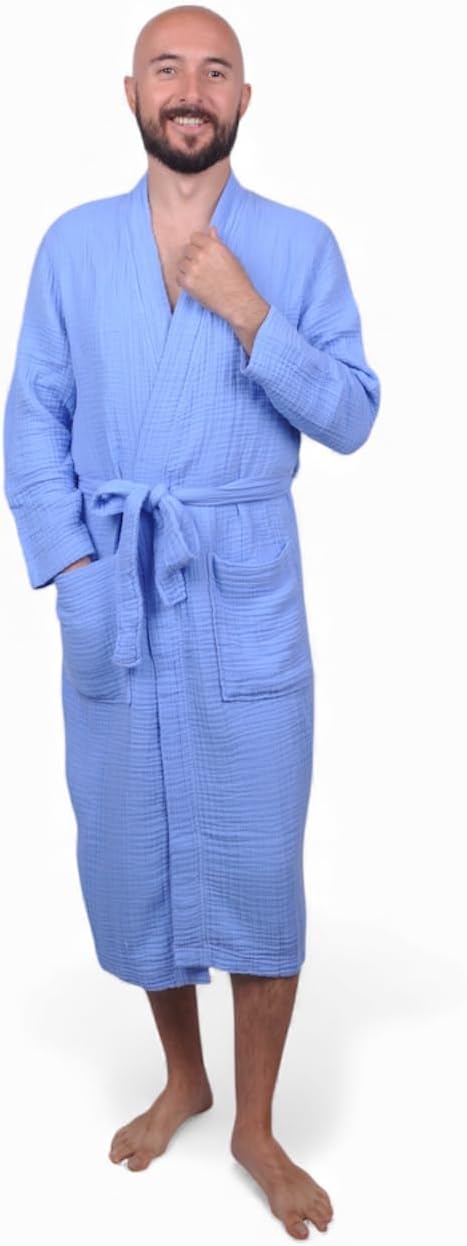 Muslin Bathrobe - Cotton Gauze Robe for Women and Men - Lightweight Breathable Summer Kimono - Boho Spa/Maternity Robe