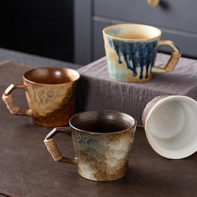 12oz retro Japanese pottery tea cup, handmade tea cup with comfy handle, retro ceramic mug with handle, lead-free reactive glaze, perfect for office & home (Blue)