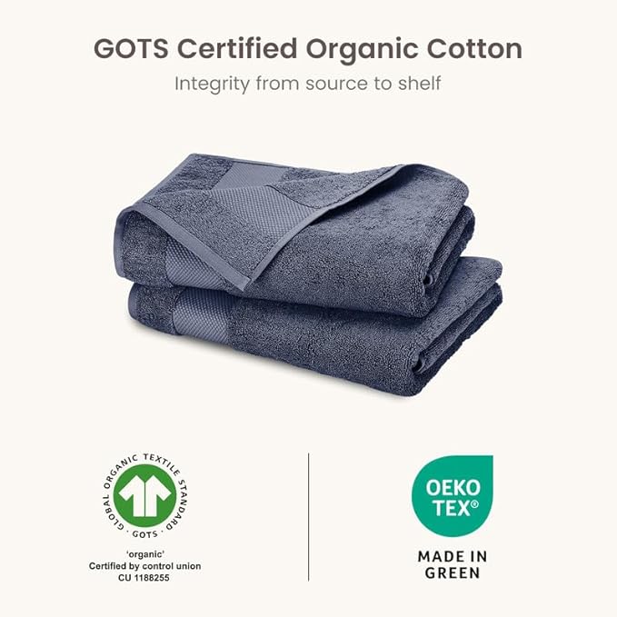 BIOWEAVES 100% Organic Cotton 700 GSM Luxury Bath Towels for Bathroom 30" x 58" GOTS Certified - Mineral, Pack of 2