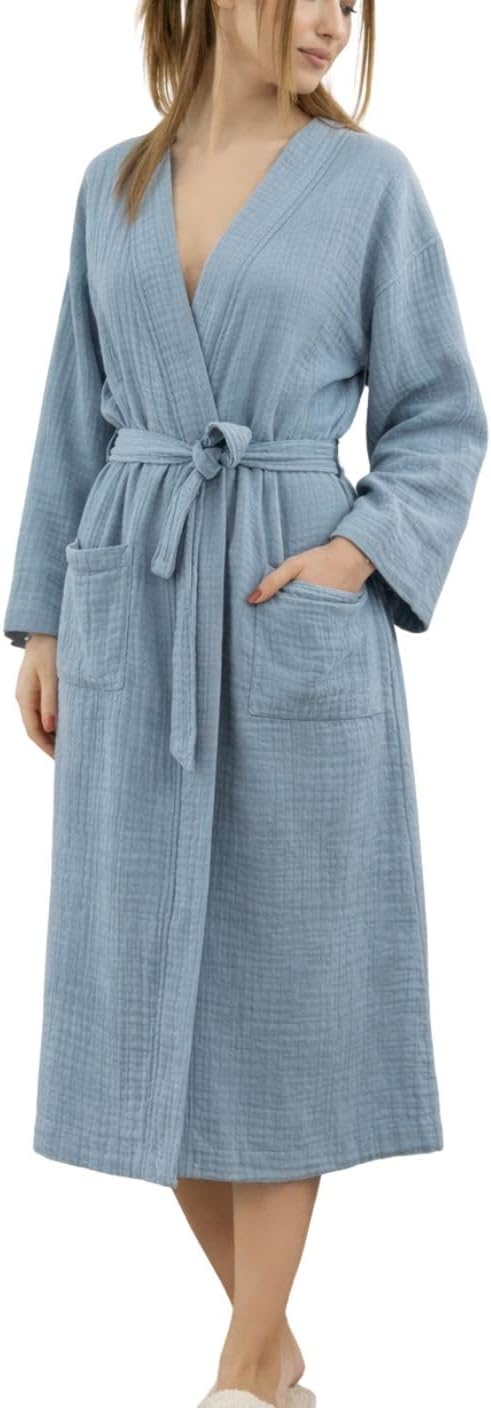 100% Cotton Muslin Kimono Robe for Women, Lightweight Gauze Bathrobe, Soft Breathable Spa Robe