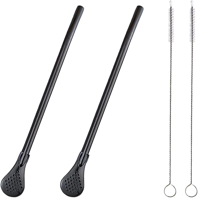 2 Pieces Stainless Steel Straw Spoon Filter with 2 Cleaning Brush, Reusable Tea Spoon for Loose Tea, Yerba Mate Straw, Metal Drinking Straws, Coffee Stirrers for Drinks Milk Beverage (Black)