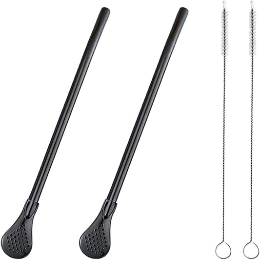 2 Pieces Stainless Steel Straw Spoon Filter with 2 Cleaning Brush, Reusable Tea Spoon for Loose Tea, Yerba Mate Straw, Metal Drinking Straws, Coffee Stirrers for Drinks Milk Beverage (Black)