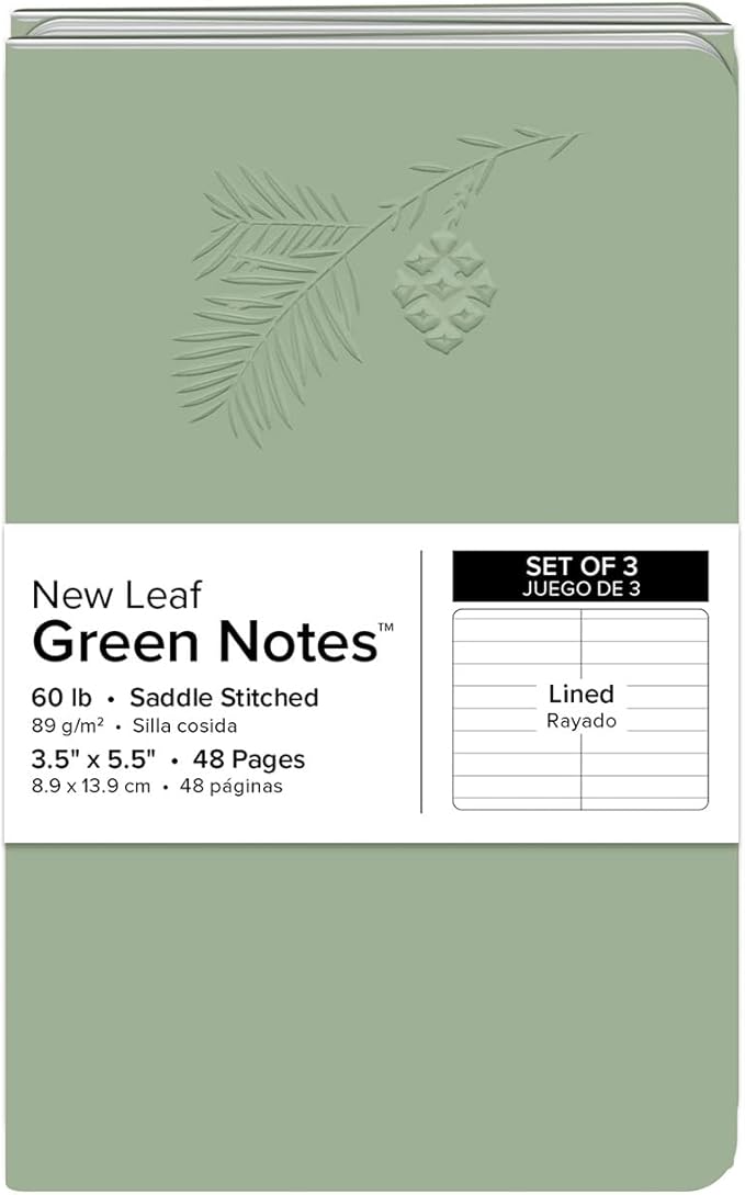 New Leaf Green Notes 100% Recycled Memo Books, 3-Pack Lined Pages, 3.5" x 5.5", Redwood Embossed Cover, Saddle Stitch, FSC Certified, Made in USA