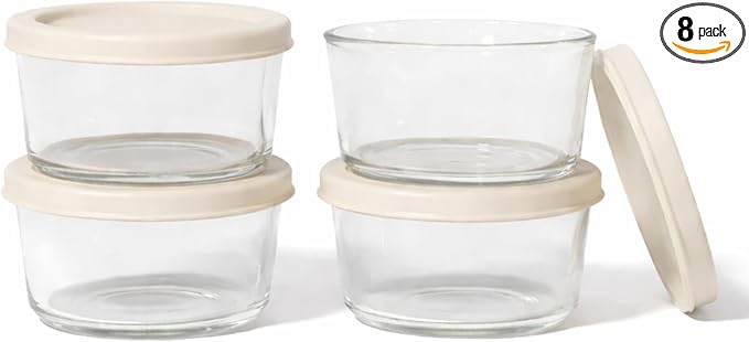 8-Piece Glass Food Storage Containers Set (4 Containers + 4 BPA-Free Lids) | 1-Cup, Leakproof | Microwave, Freezer, Oven & Dishwasher Safe | Ideal for Meal Prep & Pantry Organization, Beige