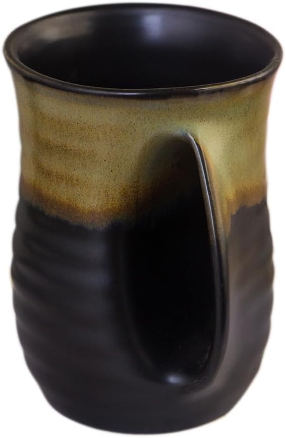 Hand Warmer Coffee Mug for Christmas - 16 Ounce Large Handwarmer Ceramic Mugs Handmade Pottery Gift for with Contoured Pocket, Keep Your Fingers Warmth(Right Handed,Beige/Black)
