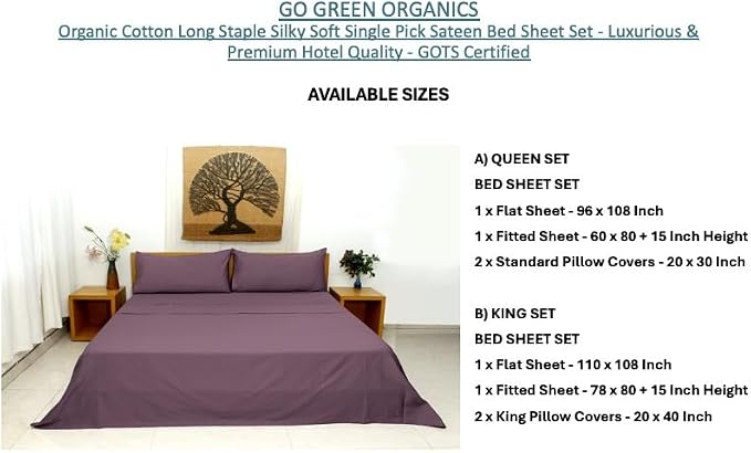 Organic Cotton Long Staple Silky Soft Single Pick Sateen Bed Sheet Set - Luxurious & Premium Hotel Quality - GOTS Certified - Solid Dyed (Burgundy, King (U.S. Standard))