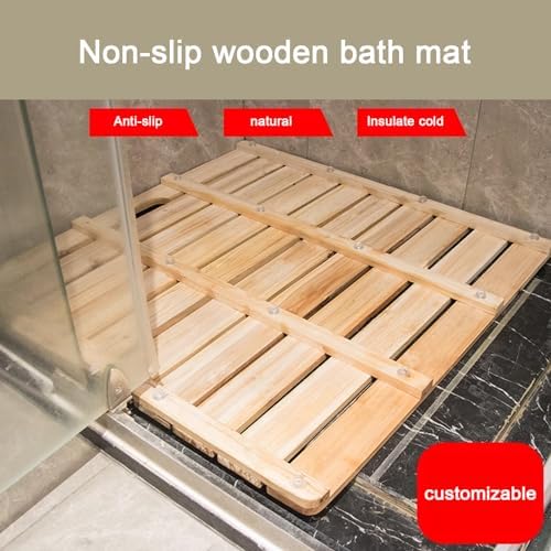 Natural Bamboo Bath Mat Waterproof Non Slip Shower Platform Multi Use Wooden Bathroom Rug for Kitchen & Shower Rectangular Design (30x70cm 12x28in)